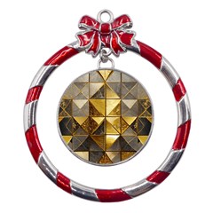 Golden Mosaic Tiles  Metal Red Ribbon Round Ornament