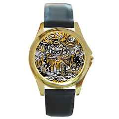 Crazy Abstract Doodle Social Doodle Drawing Style Round Gold Metal Watch