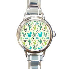 Cactus Succulents Floral Seamless Pattern Round Italian Charm Watch