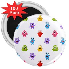 Seamless Pattern Cute Funny Monster Cartoon Isolated White Background 3  Magnets (100 Pack)