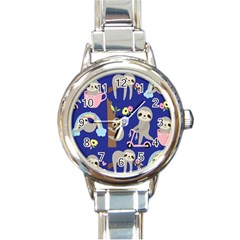 Hand Drawn Cute Sloth Pattern Background Round Italian Charm Watch