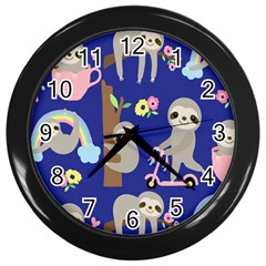 Hand Drawn Cute Sloth Pattern Background Wall Clock (black)