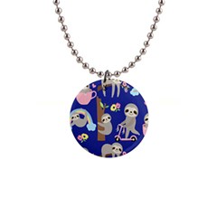 Hand Drawn Cute Sloth Pattern Background 1  Button Necklace