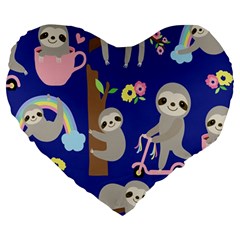 Hand Drawn Cute Sloth Pattern Background Large 19  Premium Heart Shape Cushions by Hannah976