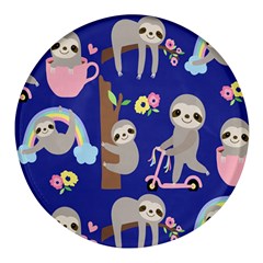 Hand Drawn Cute Sloth Pattern Background Round Glass Fridge Magnet (4 Pack)