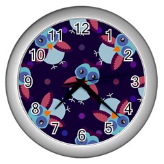 Owl Pattern Background Wall Clock (silver)