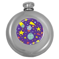 Card With Lovely Planets Round Hip Flask (5 Oz)