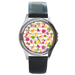 Tropical Fruits Berries Seamless Pattern Round Metal Watch by Ravend