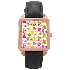 Tropical Fruits Berries Seamless Pattern Rose Gold Leather Watch  by Ravend