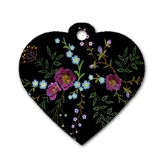 Embroidery Trend Floral Pattern Small Branches Herb Rose Dog Tag Heart (one Side) by Apen