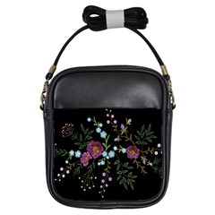 Embroidery Trend Floral Pattern Small Branches Herb Rose Girls Sling Bag by Apen