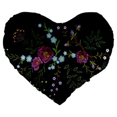 Embroidery Trend Floral Pattern Small Branches Herb Rose Large 19  Premium Flano Heart Shape Cushions