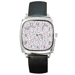 Seamless Pattern With Cute Rabbit Character Square Metal Watch by Apen