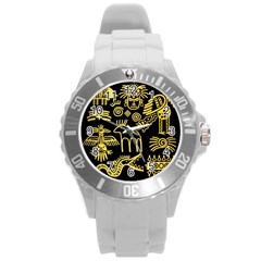 Golden Indian Traditional Signs Symbols Round Plastic Sport Watch (l) by Apen