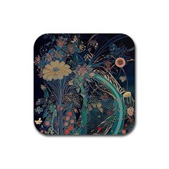 Vintage Peacock Feather Rubber Coaster (square)