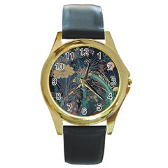 Bird Flower Tree Forest Round Gold Metal Watch by Jatiart