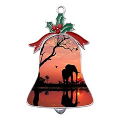 Elephant Landscape Tree Africa Sunset Safari Wild Metal Holly Leaf Bell Ornament