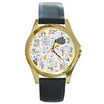 Doodle Seamless Pattern With Autumn Elements Round Gold Metal Watch Front