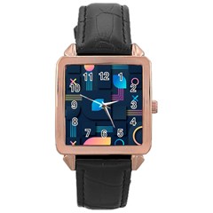 Gradient Geometric Shapes Dark Background Rose Gold Leather Watch 