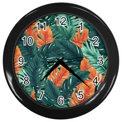 Green Tropical Leaves Wall Clock (black) by Jack14