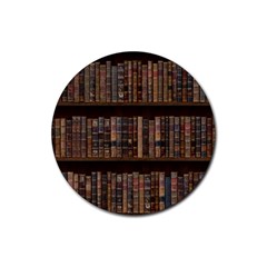 Old Bookshelf Orderly Antique Books Rubber Round Coaster (4 Pack) by Cendanart