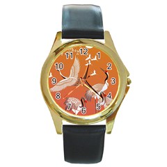 Japanese Crane Painting Of Birds Round Gold Metal Watch