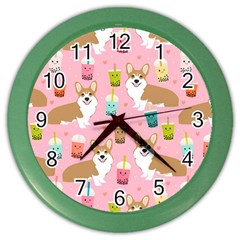 Corgi Bubble Boba Tea Pink Pattern Color Wall Clock by Cendanart
