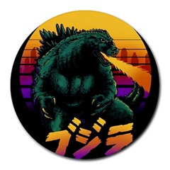 Godzilla Retrowave Round Mousepad by Cendanart