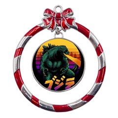 Godzilla Retrowave Metal Red Ribbon Round Ornament