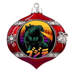 Godzilla Retrowave Metal Snowflake And Bell Red Ornament