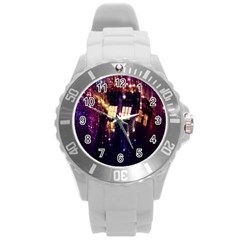 Tardis Regeneration Art Doctor Who Paint Purple Sci Fi Space Star Time Machine Round Plastic Sport Watch (l) by Cendanart