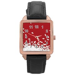 Red Sun Sea Waves Bird Japanese Art Minimalist Rose Gold Leather Watch  by Bedest