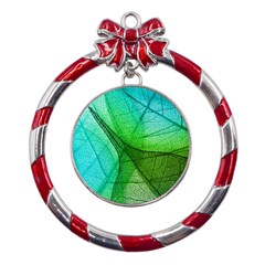 Sunlight Filtering Through Transparent Leaves Green Blue Metal Red Ribbon Round Ornament by Ket1n9