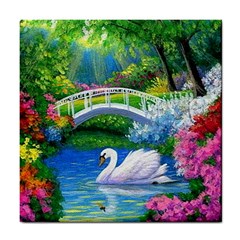 Swan Bird Spring Flowers Trees Lake Pond Landscape Original Aceo Painting Art Tile Coaster by Ket1n9