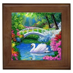 Swan Bird Spring Flowers Trees Lake Pond Landscape Original Aceo Painting Art Framed Tile by Ket1n9