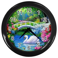 Swan Bird Spring Flowers Trees Lake Pond Landscape Original Aceo Painting Art Wall Clock (black) by Ket1n9