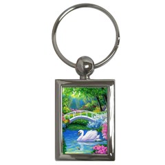 Swan Bird Spring Flowers Trees Lake Pond Landscape Original Aceo Painting Art Key Chain (rectangle) by Ket1n9