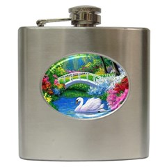 Swan Bird Spring Flowers Trees Lake Pond Landscape Original Aceo Painting Art Hip Flask (6 Oz) by Ket1n9