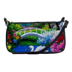 Swan Bird Spring Flowers Trees Lake Pond Landscape Original Aceo Painting Art Shoulder Clutch Bag by Ket1n9