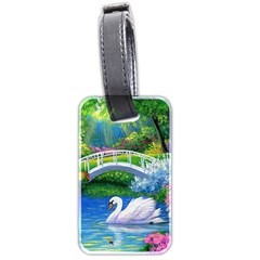 Swan Bird Spring Flowers Trees Lake Pond Landscape Original Aceo Painting Art Luggage Tag (two Sides) by Ket1n9