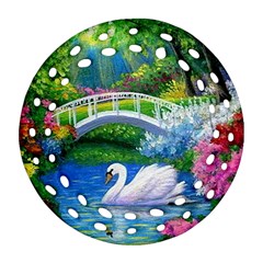 Swan Bird Spring Flowers Trees Lake Pond Landscape Original Aceo Painting Art Ornament (round Filigree) by Ket1n9