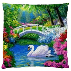 Swan Bird Spring Flowers Trees Lake Pond Landscape Original Aceo Painting Art Large Cushion Case (one Side) by Ket1n9