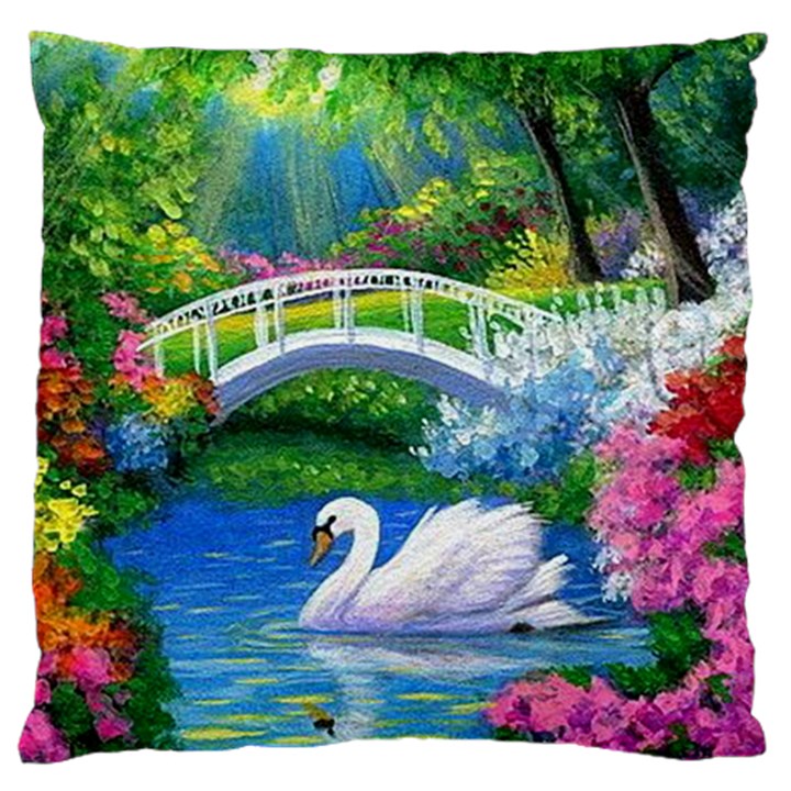 Swan Bird Spring Flowers Trees Lake Pond Landscape Original Aceo Painting Art Large Cushion Case (Two Sides)