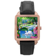 Swan Bird Spring Flowers Trees Lake Pond Landscape Original Aceo Painting Art Rose Gold Leather Watch  by Ket1n9