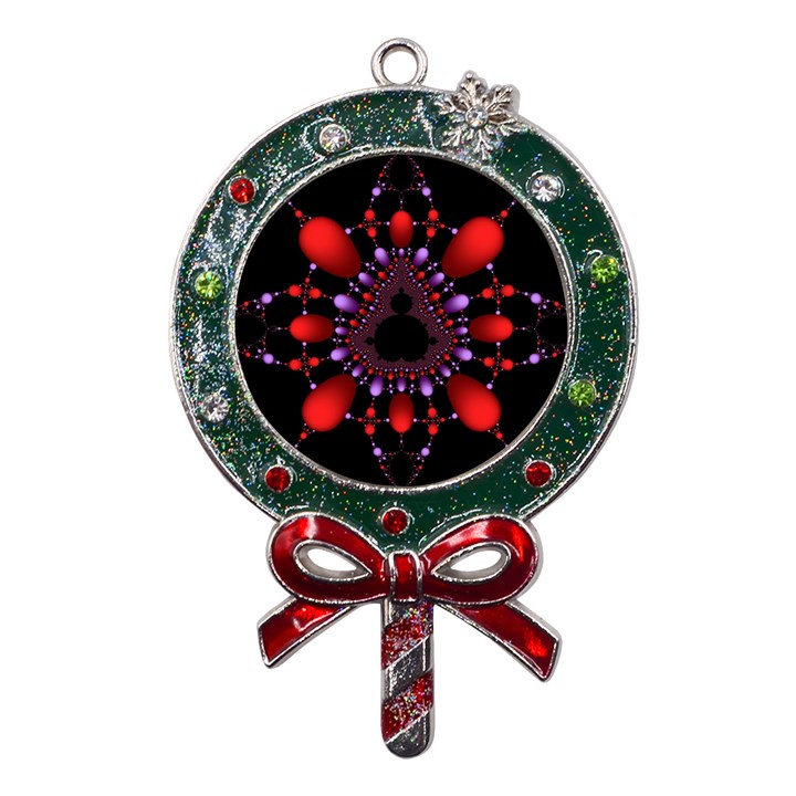 Fractal Red Violet Symmetric Spheres On Black Metal X Mas Lollipop with Crystal Ornament
