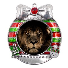 African Lion Mane Close Eyes Metal X mas Ribbon With Red Crystal Round Ornament by Ket1n9