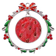Red Peacock Floral Embroidered Long Qipao Traditional Chinese Cheongsam Mandarin Metal X mas Wreath Ribbon Ornament