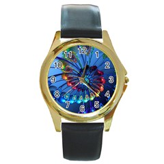 Top Peacock Feathers Round Gold Metal Watch by Ket1n9