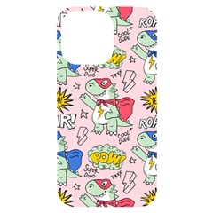 Seamless Pattern With Many Funny Cute Superhero Dinosaurs T-rex Mask Cloak With Comics Style Inscrip Iphone 14 Pro Max Black Uv Print Case by Ket1n9