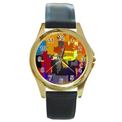 Abstract Vibrant Colour Round Gold Metal Watch by Ket1n9